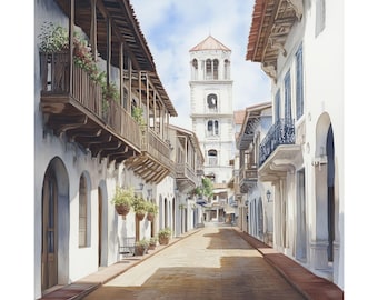 Arte de Casco Viejo, Arte de Parede da Cidade do Panamá, Arte Colonial, Impressão em Aquarela de Paisagem Urbana Histórica, Arte Latino-Americana, Pôster de Viagem, Presente de Viagem