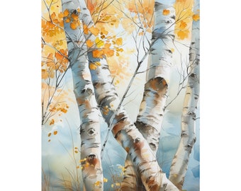 May include: Watercolor painting of three birch trees with white bark and yellow leaves. The trees are intertwined and the background is a soft blue.