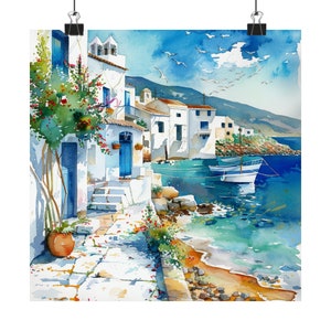 Greece Painting Seascape Watercolor Print, Greek Island Wall Art, Aegean Sea Artwork, Greece Travel Art, Europe Travel Gift