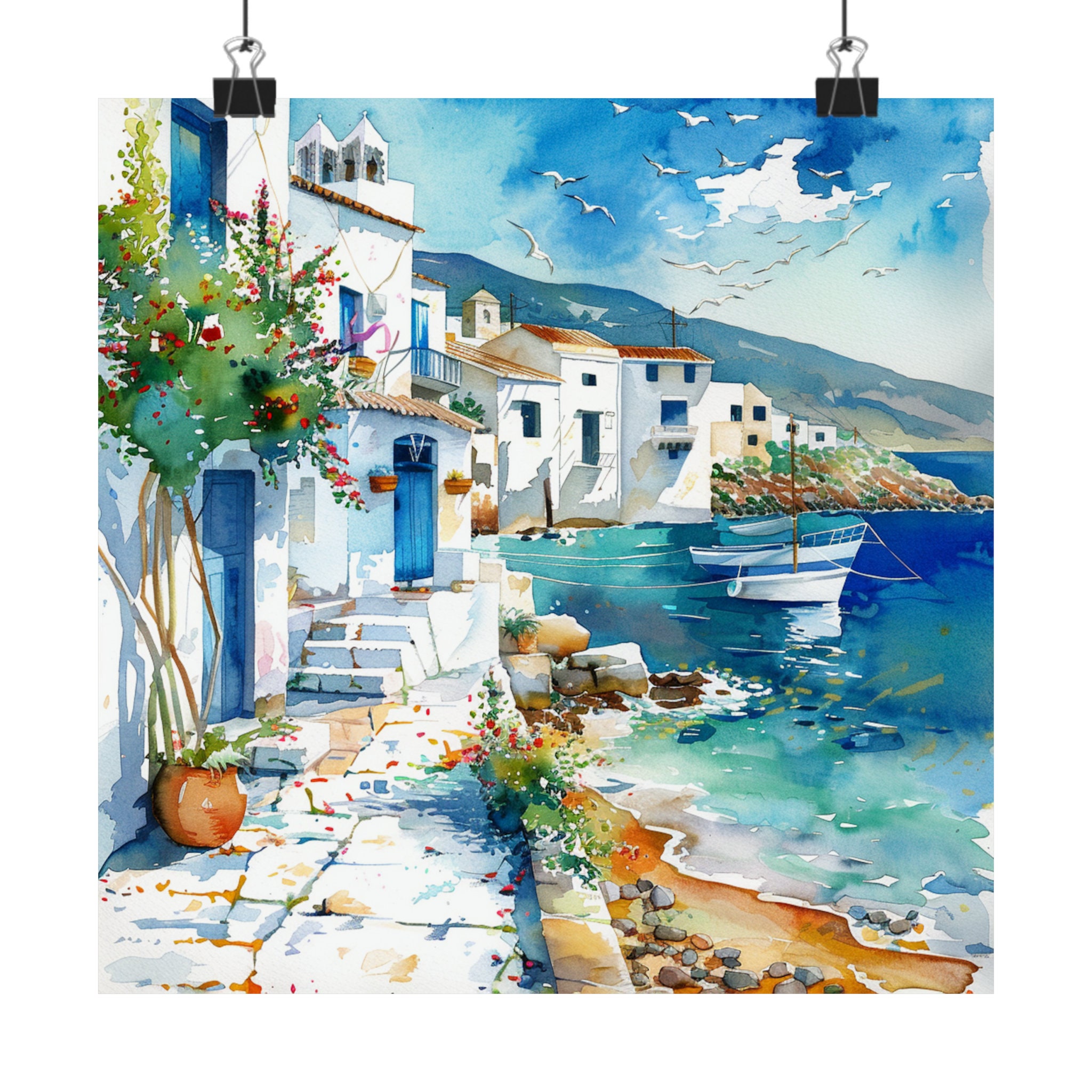 ギリシャの海景水彩画、ギリシャの島々の壁画、エーゲ海のアートワーク