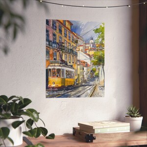 Lissabon Portugal Art Print, Lissabon Tram 28 Trolley Tram Artwork, Europese aquarel, stadsgezicht reisposter, reiscadeau afbeelding 9