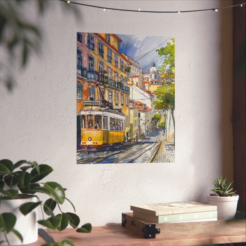Lissabon Portugal Art Print, Lissabon Tram 28 Trolley Tram Artwork, Europese aquarel, stadsgezicht reisposter, reiscadeau afbeelding 9