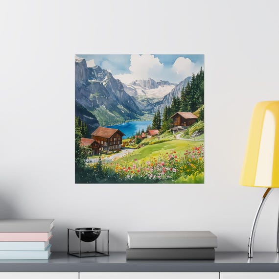 Gimmelwald Switzerland Watercolor Painting, Swiss Alps Art Print