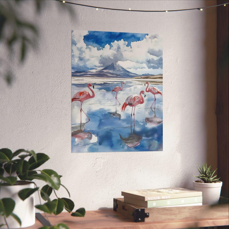 Salar de Uyuni Art, Bolivia Watercolor Painting, Travel Gift, South America Poster, Pink Flamingos Art, Salt Flat, Latin American Travel Art