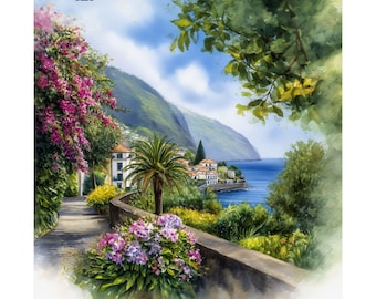 Madeira Islands Watercolor Print: Portugal Landscape Art Travel Poster