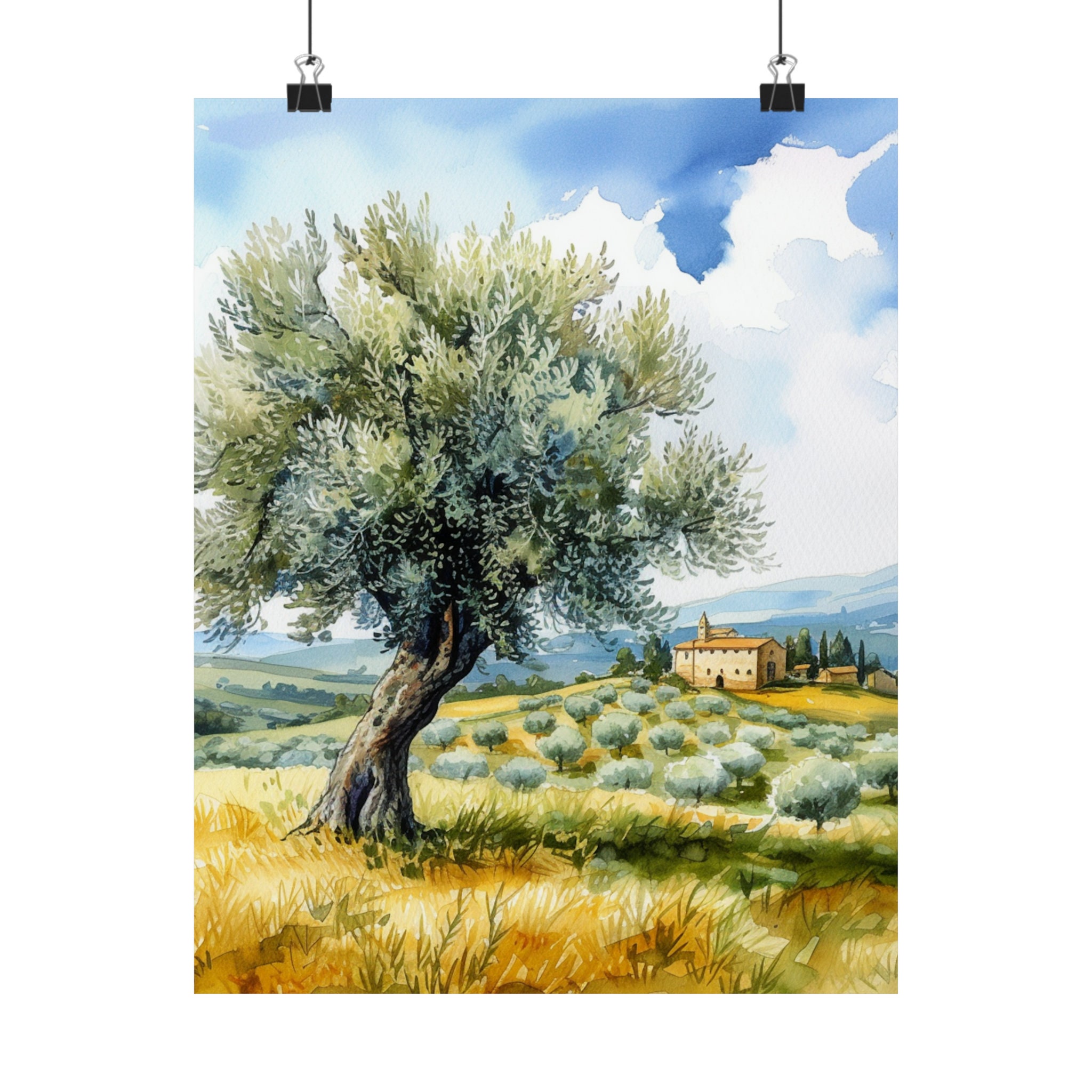 水彩オリーブの木の絵画、トスカーナの風景画、イタリアの自然画、農家