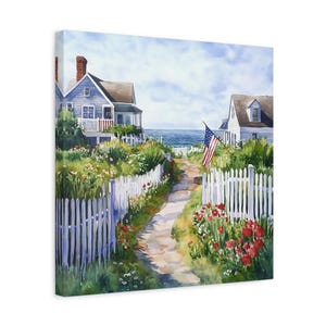 May include: Watercolor painting of two houses with white picket fences and a path leading to the ocean. An American flag waves in the breeze. Red and yellow flowers bloom along the path and fences.