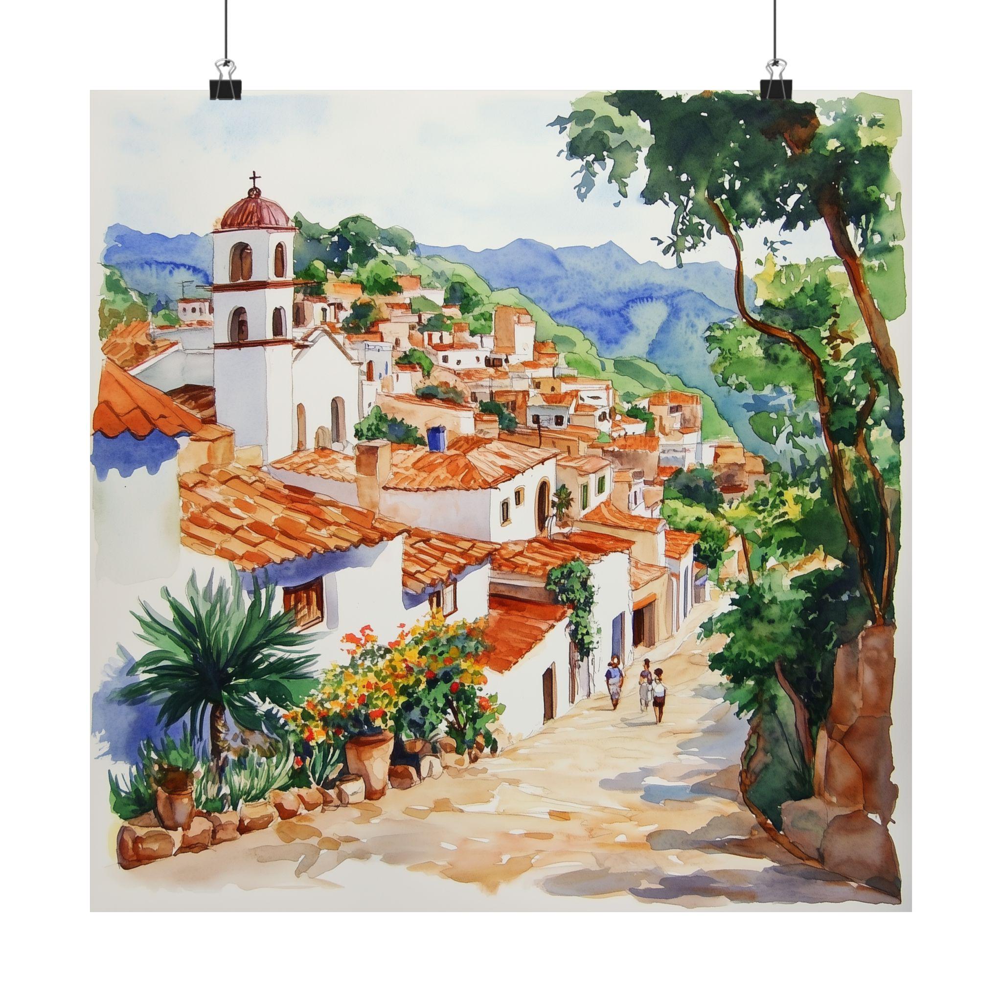 タスコ（メキシコ）の水彩画アートプリント：メキシコの絵画、ラテン
