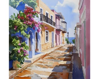 May include: A watercolour painting depicting a narrow street in a colourful town. The street is lined with buildings in shades of yellow, pink, and blue. The buildings have balconies and windows. The street is paved with cobblestones and leads to a view of the sea in the distance.