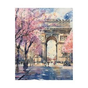Paris Painting Arc de Triomphe Art Print, Spring Wall Art, French Cityscape Watercolor Print, France Travel Art