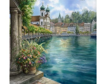 Luzern Schweiz Kunstdruck Aquarell Vierwaldstättersee Vierwaldstättersee Aquarell Malerei, Mittelalterliche Architektur, Reiseplakat, Reisegeschenk