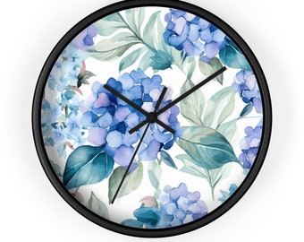 Hydrangea Wall Clock, Blue floral Kitchen Clock, Floral Wall Clock, Spring Decor, Blue Hydrangeas Decor, Housewarming Gift for Her