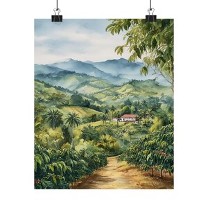 Colombian Coffee Farm Watercolor Painting: Latin America Travel Poster Gift, Colombia Landscape Art Print image 3