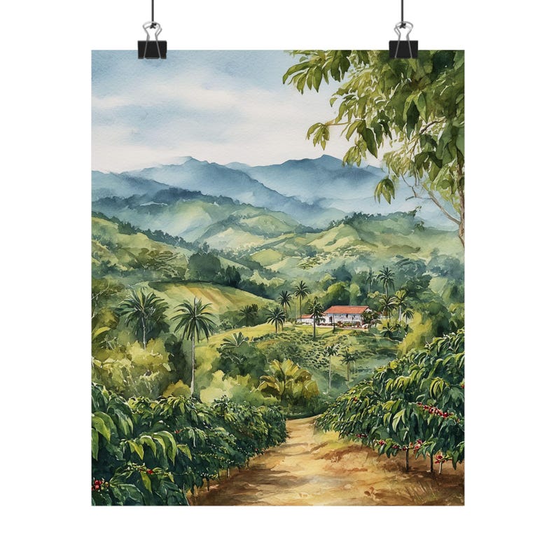 Colombian Coffee Farm Watercolor Painting: Latin America Travel Poster Gift, Colombia Landscape Art Print image 3