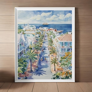 Arte callejero de Duval, arte mural de Key West, Mallory Square, obra de arte de Florida, impresión de playa, pintura de acuarela, póster de viaje, regalo de viaje, descarga