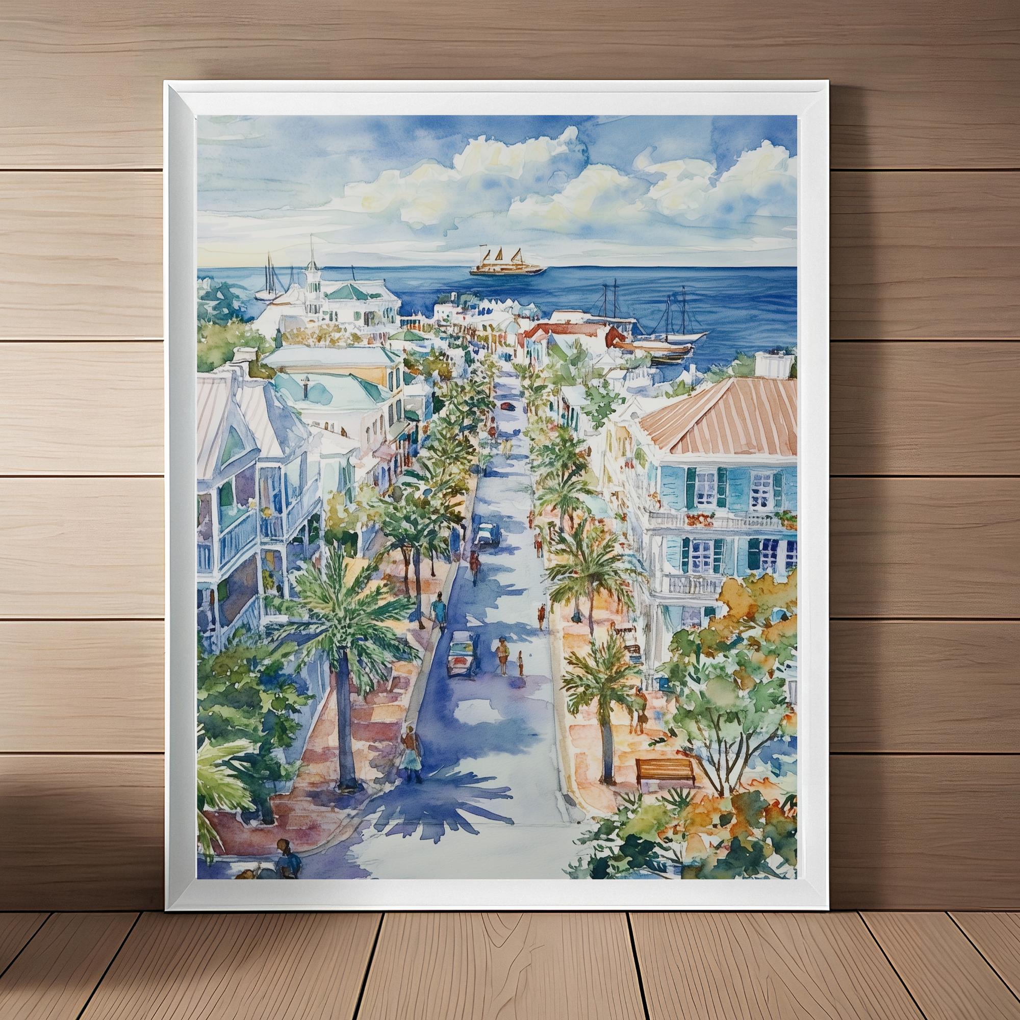 Duval Street Art, Key West Wall Art, Mallory Square, Florida Artwork, Beach Print, Watercolor Painting, Travel Poster, Travel Gift Download
