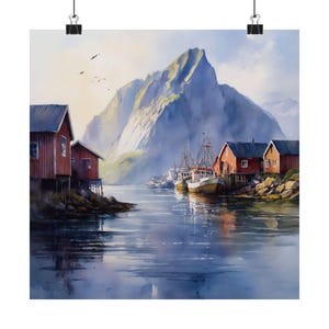 Scandinavian Art, Lofoten Norway Wall Art, The Netherlands Watercolor Painting, Mountains and Sea Landscape, Travel Poster, Travel Gift