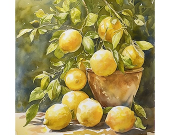 Italian Lemons Kitchen Art Print, Lemon Plant Art, Still Life Art, Italy Kitchen Art, Farmhouse Decor, Watercolor Painting, Fruit Wall Art