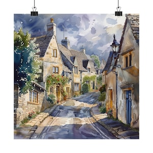 England Painting, Rural Cotswold Village Watercolor Streetscape, Gloucestershire Artwork, English Countryside Art Print Travel Poster Gift