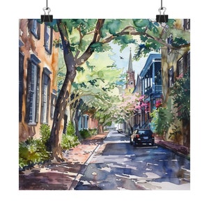 Pintura histórica de Charleston, acuarela de Carolina del Sur, arte mural urbano, póster de viaje, impresión de Charleston colonial