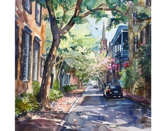 Historic Charleston Painting, South Carolina Watercolor Art, Streetscape Wall Art, Travel Poster Gift, Colonial Charleston Wall Art Print