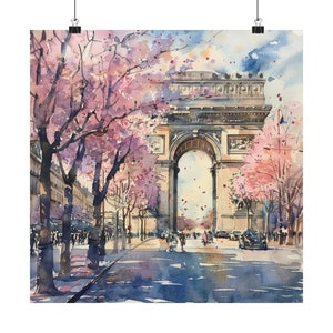 Paris Painting Arc de Triomphe Art Print, Spring Wall Art, French Cityscape Watercolor Print, France Travel Art