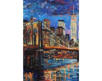 マンハッタンの都市景観の絵画アートプリント、油絵のニューヨークの