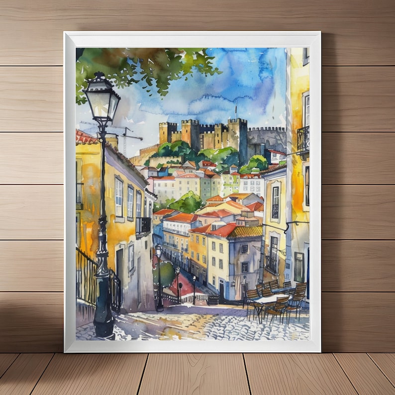 Portugal Painting Lisbon Streetscape Art Print, Portuguese Watercolor Print, Portugal Travel Art, Lisbon Castle, Europe Wall Decor