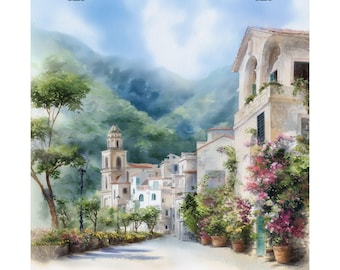 Ravello Italy Art Print, Amalfi Coast, Italian Riviera Watercolor Painting, Travel Poster Gift