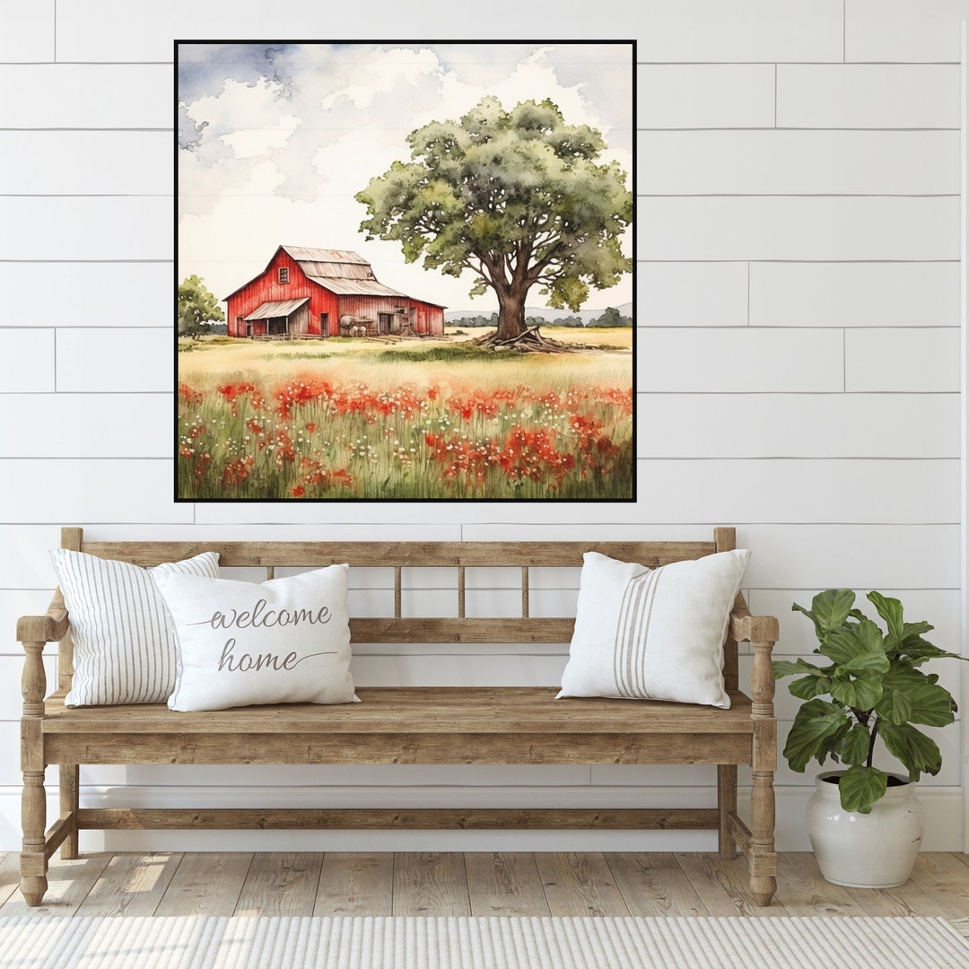Farmhouse Red Barn Wall Art, Rustic Print, Flowers, Country Landscape