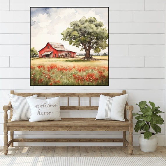 Renditions Gallery Quadro Su Tela 'Albero Di Natale Fattoria' - Scena Invernale Con Fienile Rosso, Stampa Giclée 81,3 Cm, Pronta Da Appendere