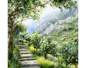 Amalfi Coast Art Print: Terraced Lemon Groves Watercolor Painting, Italy Artwork, Travel Gift
