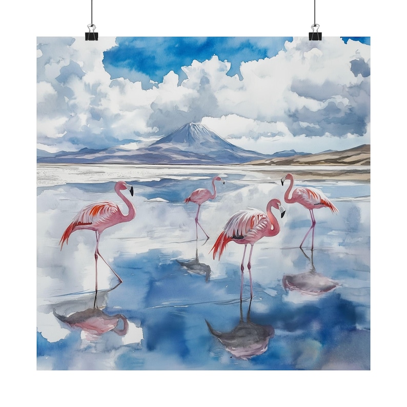 Salar de Uyuni Art, Bolivia Watercolor Painting, Travel Gift, South America Poster, Pink Flamingos Art, Salt Flat, Latin American Travel Art