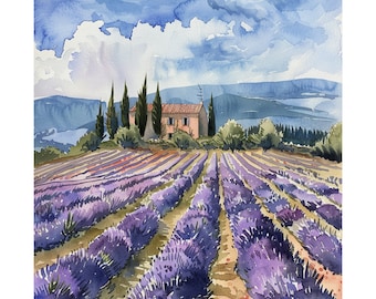 Provence Painting, Lavender Fields Art Print, France Travel Poster, French Countryside, Landscape Watercolor Wall Art, Europe Travel Gift
