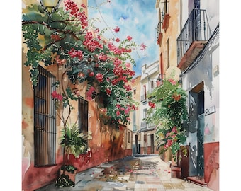 Malaga Spain Watercolor Art Print: Andalusia Painting, Colonial Southern Spain Artwork, Floral European Streetscape, Travel Poster Gift