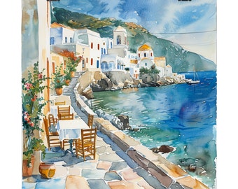 Greece Painting, Seaside Greek Watercolor Art Print, Coastal Wall Art, Quaint European Art, Greece Travel Poster, European Travel Gift