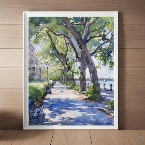 The Battery Charleston Art Print, South Carolina Coastal Watercolor Painting, Southern Mossy Oak Trees Landscape Print Digital Download