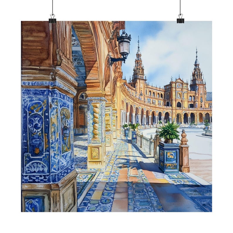 Seville Art, Plaza De Espana Watercolor Painting, Spain Wall Art, Seville Cityscape, Spanish Art, Spanish Decor, Europe Travel Poster Gift