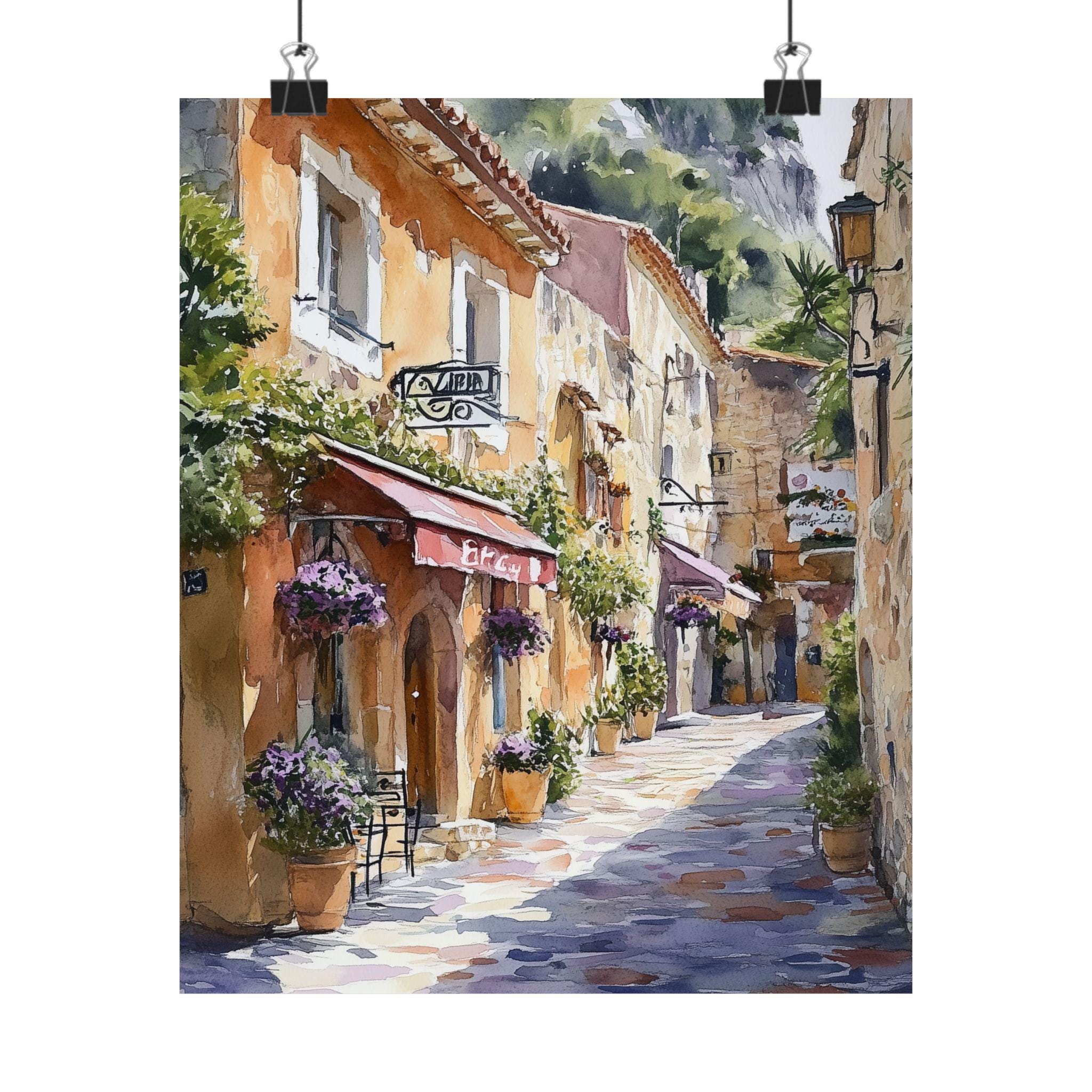 エズ・フランス水彩画プリント：ヨーロッパのカフェ街並みの絵画、石畳