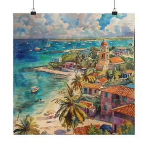 Isla Mujeres, impression d'art aquarelle du Mexique, oeuvre d'art de l'île, ville côtière du Mexique, impression de paysage marin, art du voyage, affiche du Mexique