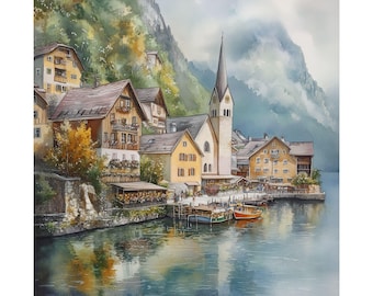 Art de Hallstatt, aquarelle autrichienne, Salzkammergut, glaciers autrichiens, lac de Hallstatt, décoration murale européenne, cadeau d'affiche de voyage