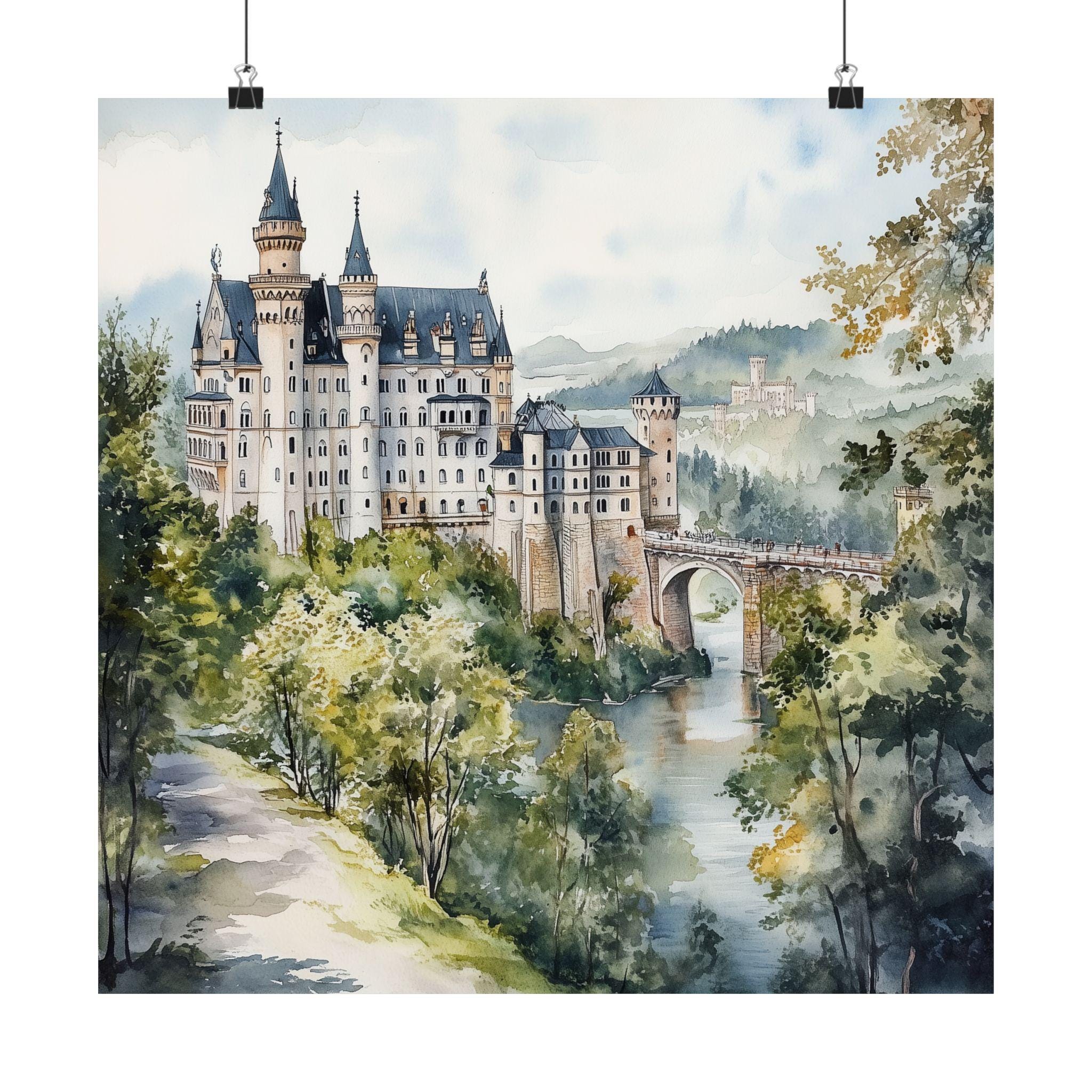 Schloss Neuschwanstein Castle, Germany Art, Watercolor Painting, German Wall Art Print, European Travel Poster, Europe Travel Gift
