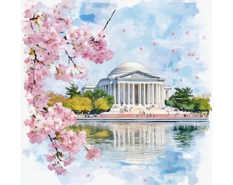 May include: A watercolor painting of the Jefferson Memorial in Washington, D.C. with cherry blossoms in the foreground. The memorial is a white marble building with a dome and columns. The cherry blossoms are pink and white and are falling from the trees.