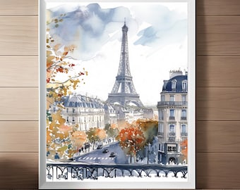 夕暮れのエッフェル塔の水彩画：パリの街並みのアートプリント