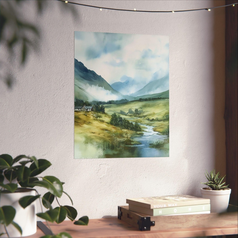 Scotland Wall Art, Scottish Highlands Print, Misty Mountains Landscape Watercolor Painting, UK Travel Print, Nature Travel Gift, Europe Art