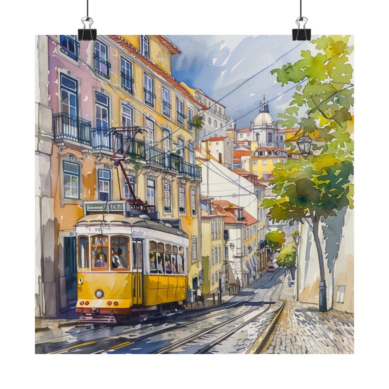 Lissabon Portugal Art Print, Lissabon Tram 28 Trolley Tram Artwork, Europese aquarel, stadsgezicht reisposter, reiscadeau afbeelding 1