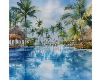 Lámina artística de Punta Cana, República Dominicana; pintura caribeña en acuarela; póster de viaje tropical.