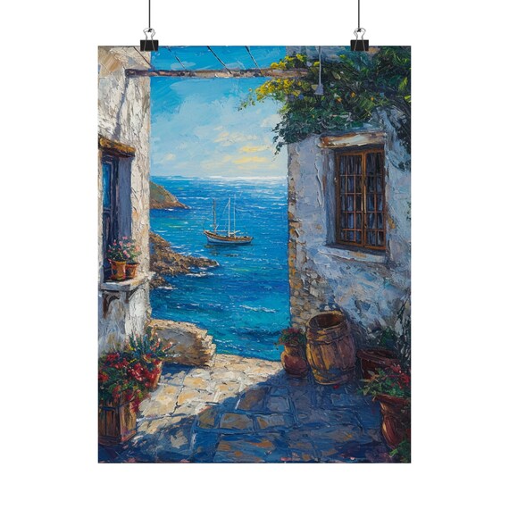 ヴィンテージのエーゲ海の絵画、伝統的なギリシャの路地の青い海の