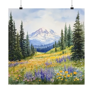 Mount Rainier Art, Washington Watercolor Painting, Wildflowers, Pacific Northwest Travel Gift, Landscape Art, Alpine Artwork, Travel Poster