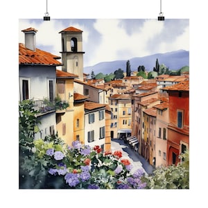 Lucca Italy Watercolor Painting, Italian Cityscape Print, Italy Wall Art, Travel Gift, Vintage European Travel Poster, Spring Wall Art Print